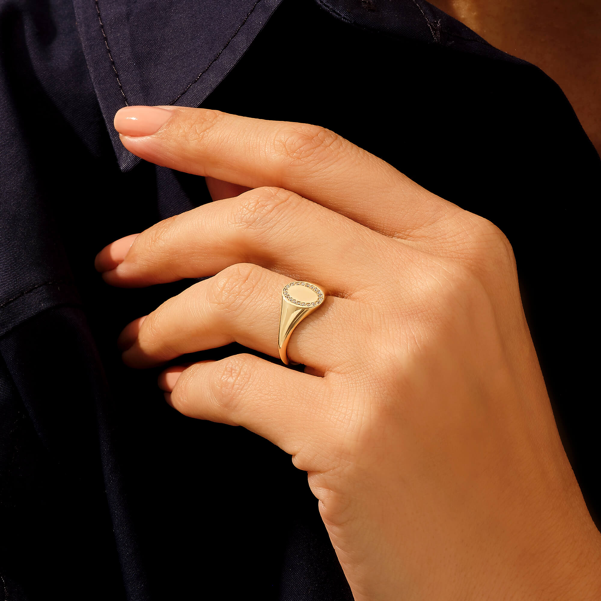 Women's 14k Gold Oval Pave Signet Ring