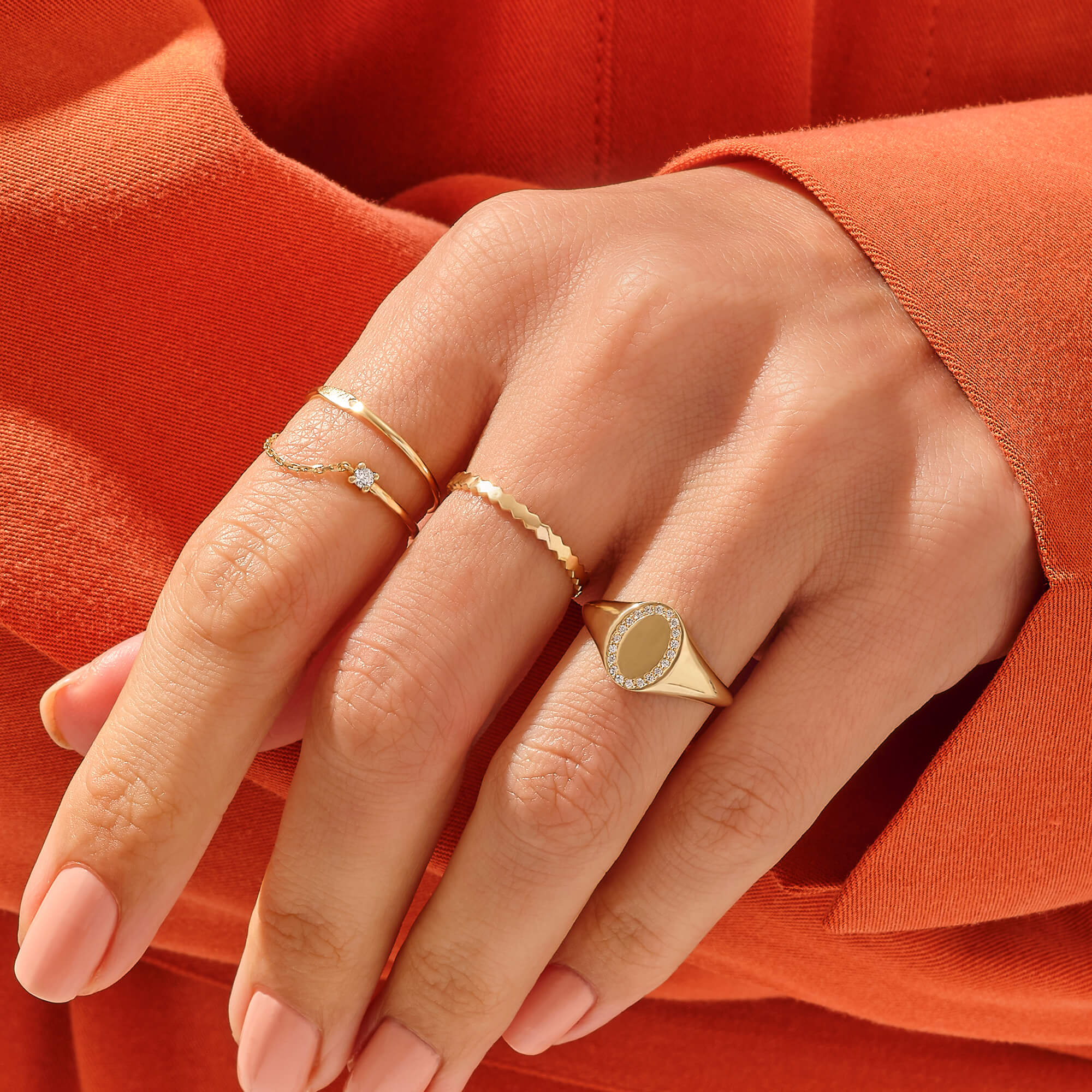 14k Real Yellow Gold Engravable Oval Pave Signet Ring for Women