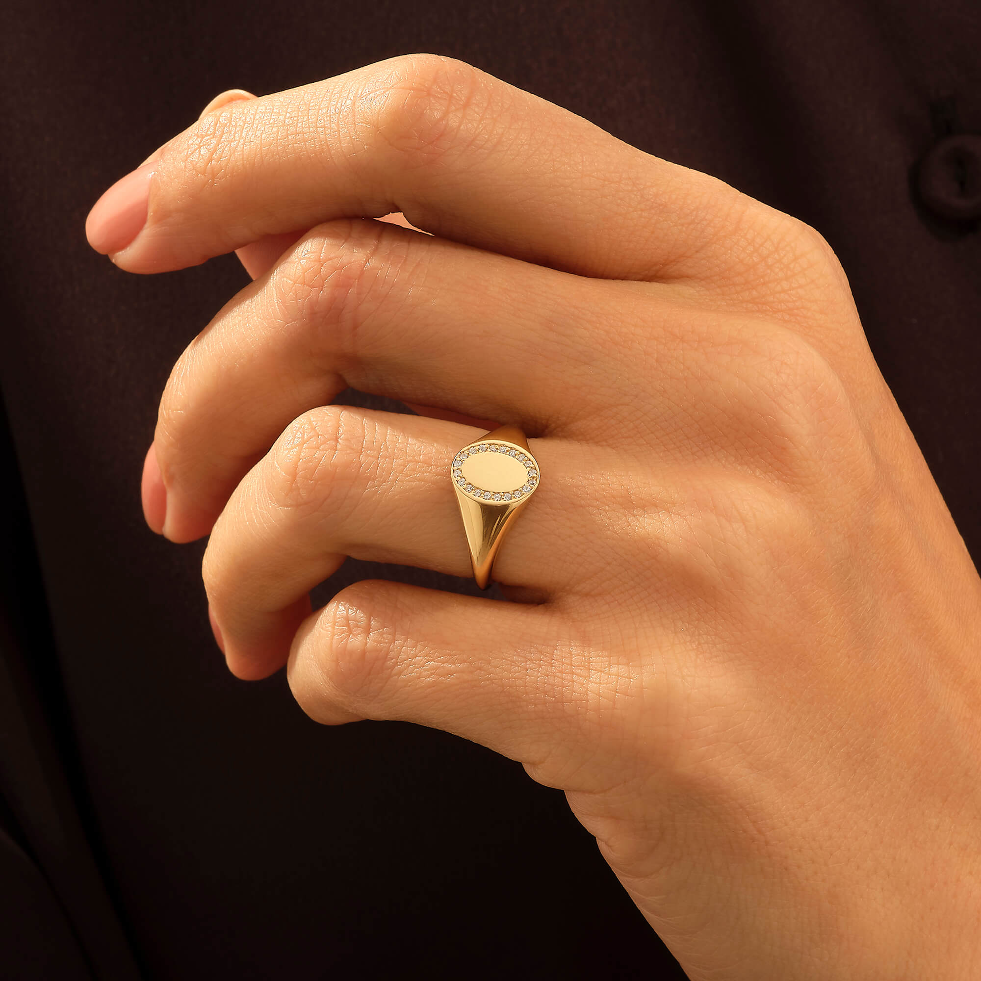 14k Solid Yellow Gold Oval CZ Paved Signet Ring for Women
