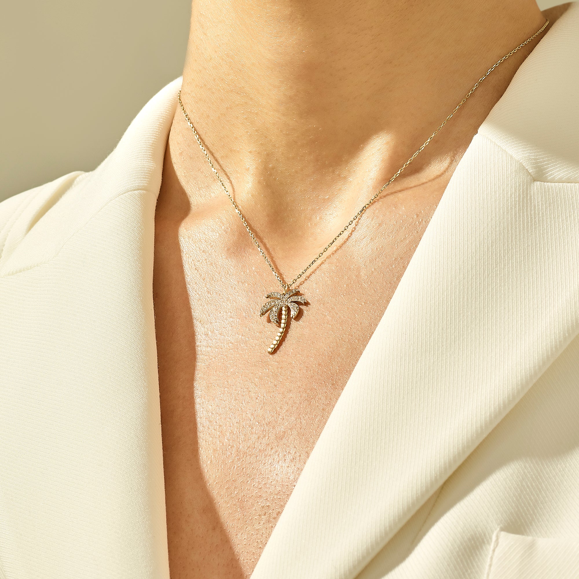 Women's Palm Pendant Necklace Paved with CZ in 14k Solid Gold