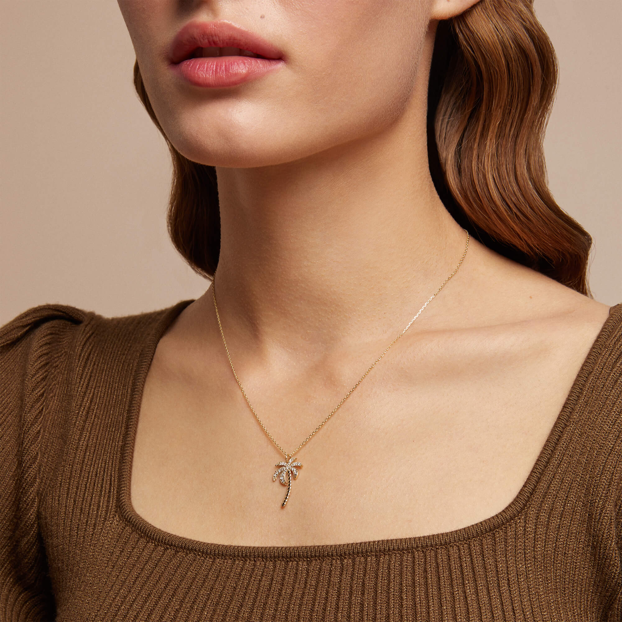 Tiny Palm Tree Pendant Necklace in 14k Solid Yellow Gold