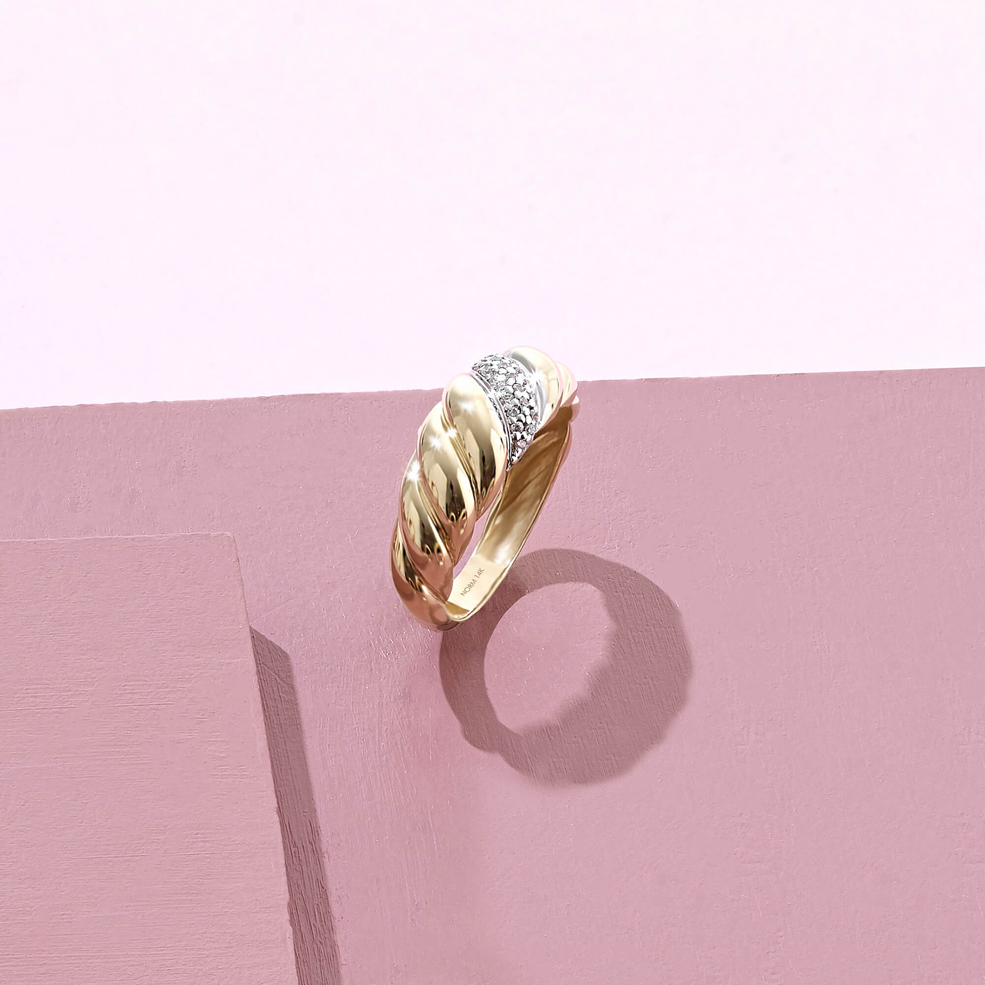 14k Real Yellow Gold Pave Croissant Ring