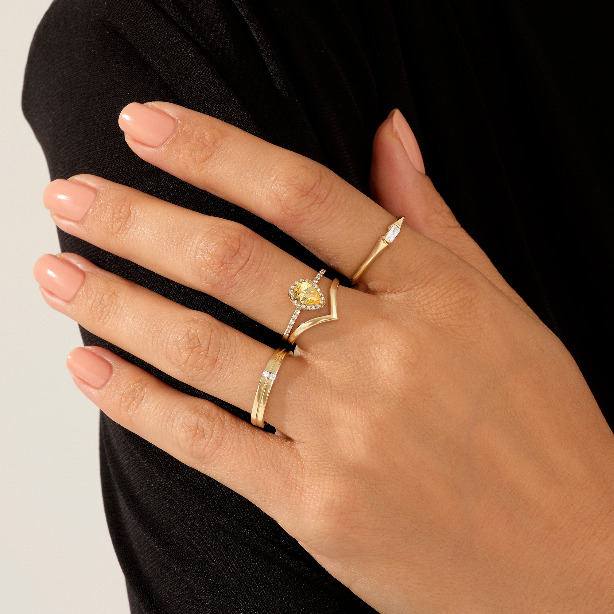 14k Real Gold Pear Citrine Halo Solitaire Ring