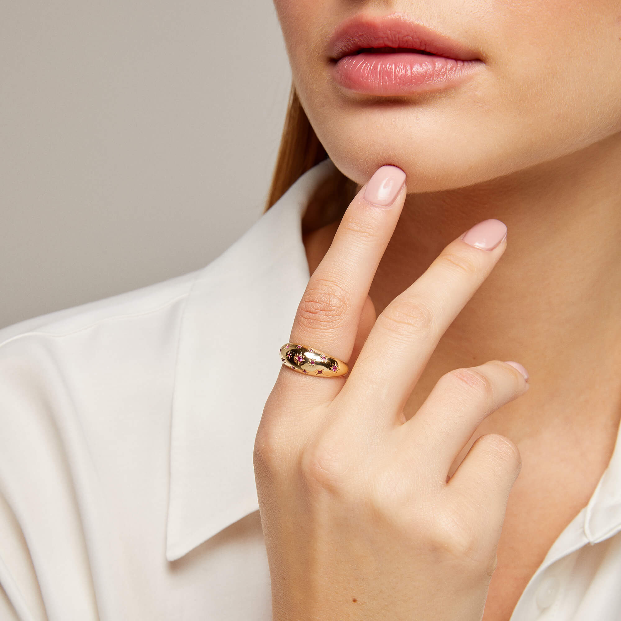 Women's Premium Bold Dome Pink Star Paved Ring 14k Solid Gold