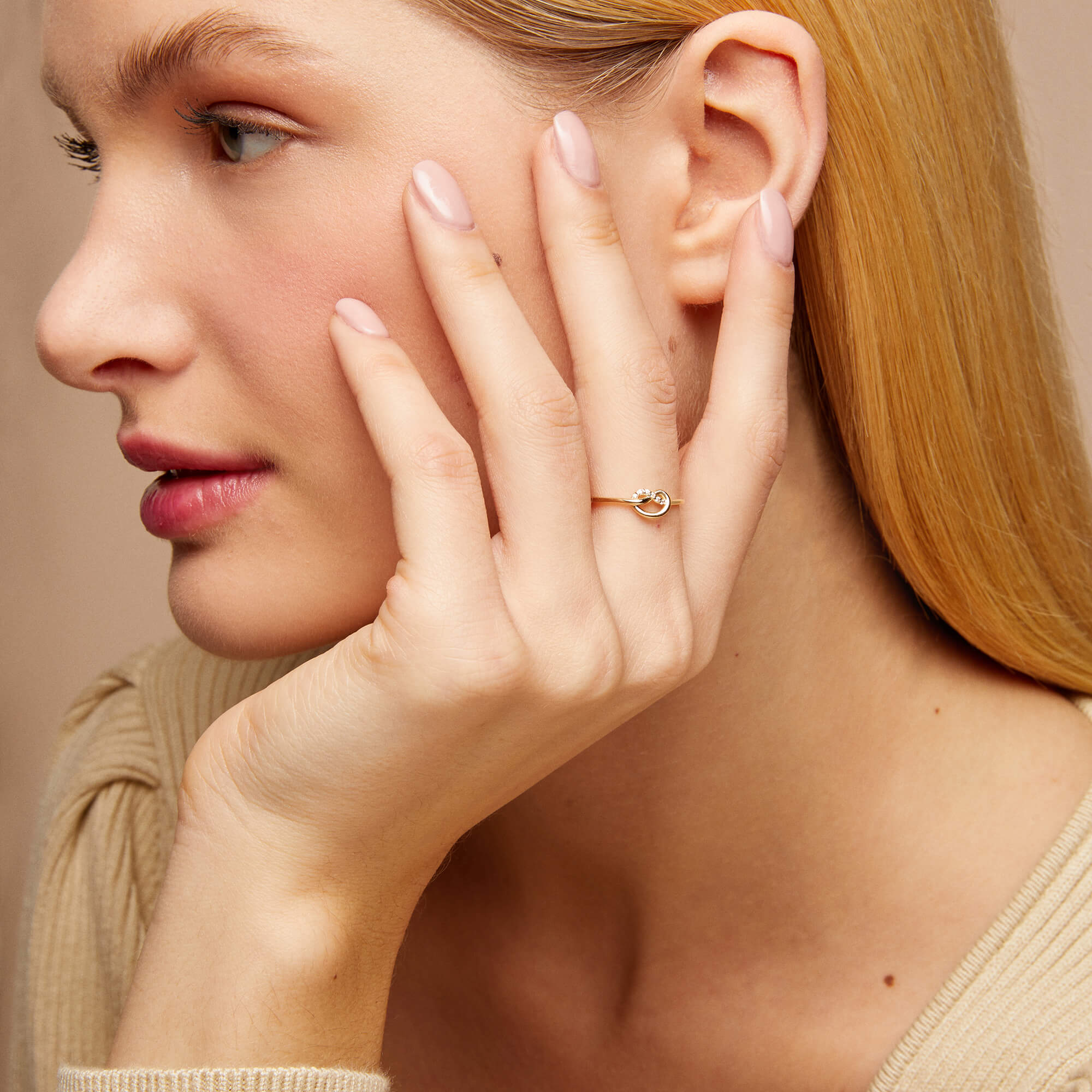 Premium Knot Ring with White CZ Stones in 14k Solid Yellow Gold