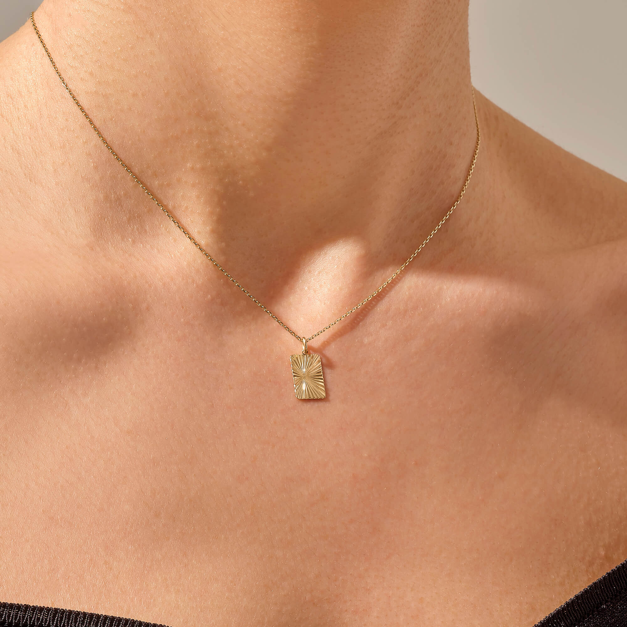 14k Real Yellow Sun Square Rectangle Pendant Necklace for Women