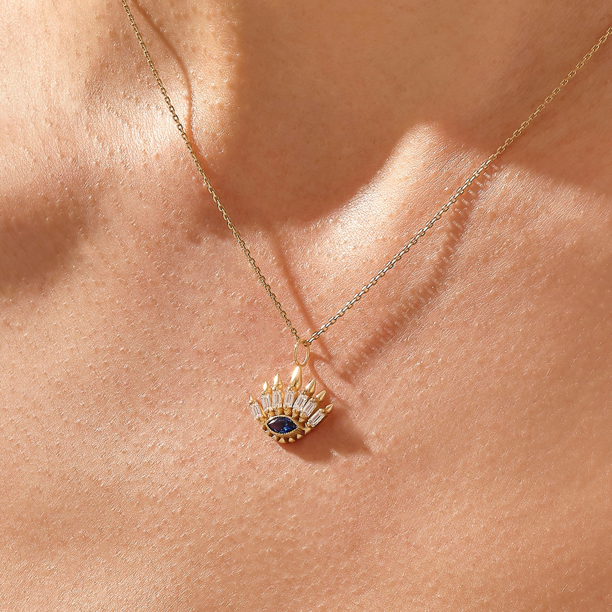 Women's Sapphire Evil Eye Pendant in 14k Real Yellow Gold