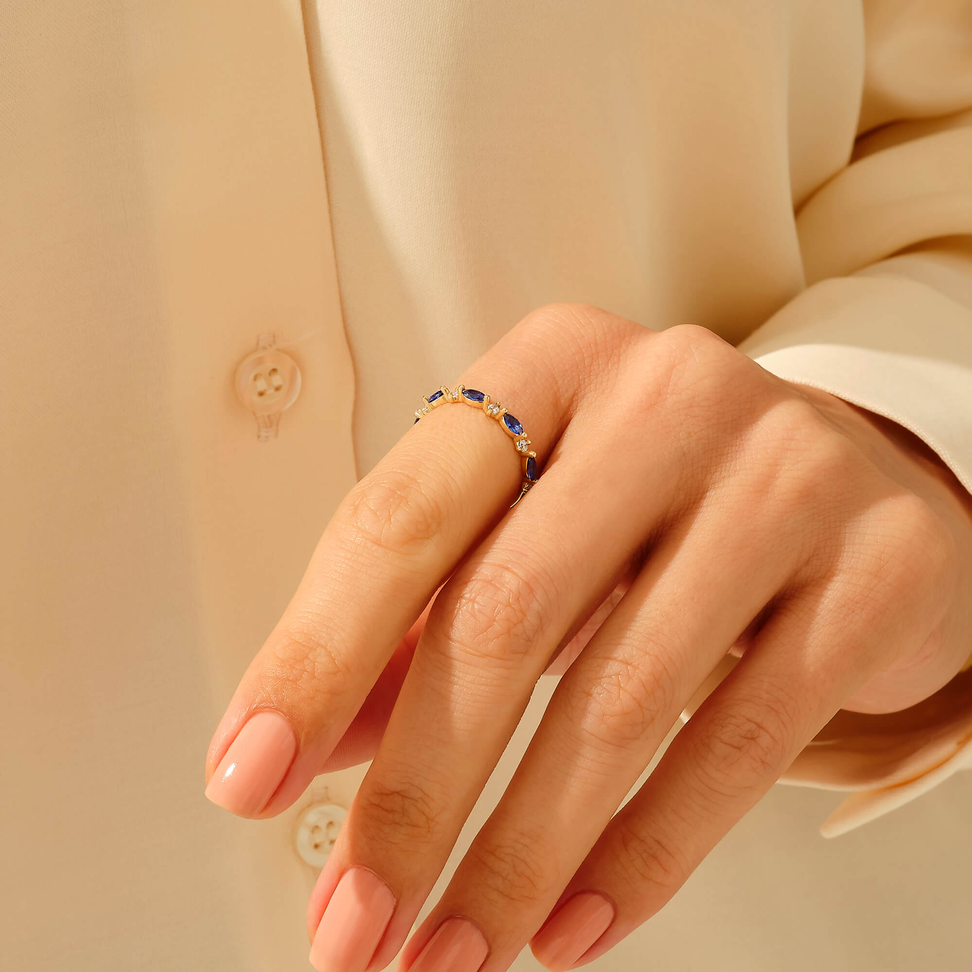 Minimalist Sapphire Marquise Band Stacking Ring in 14k Solid Yellow Gold