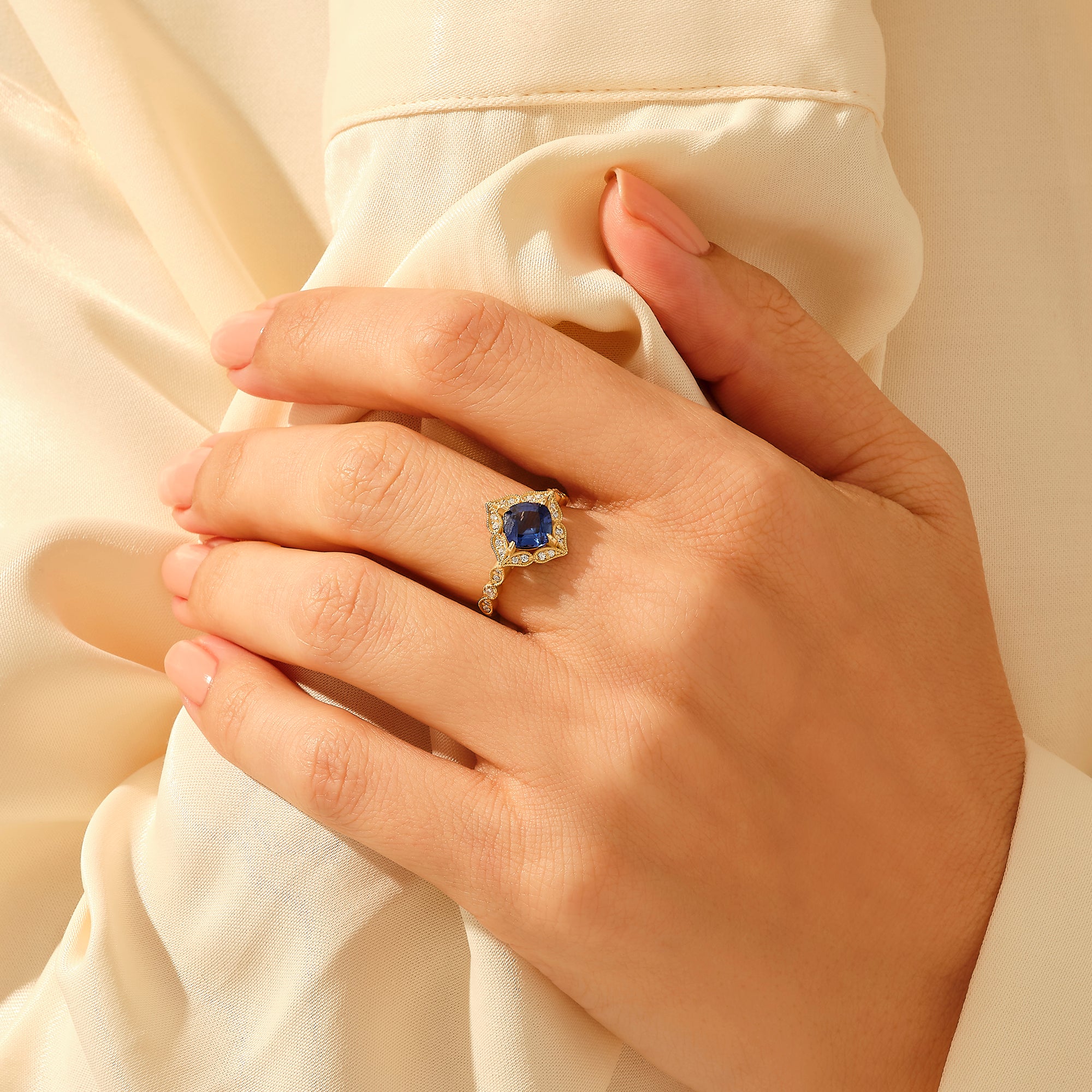 14k Real Yellow Gold Vintage Sapphire Engagement Ring