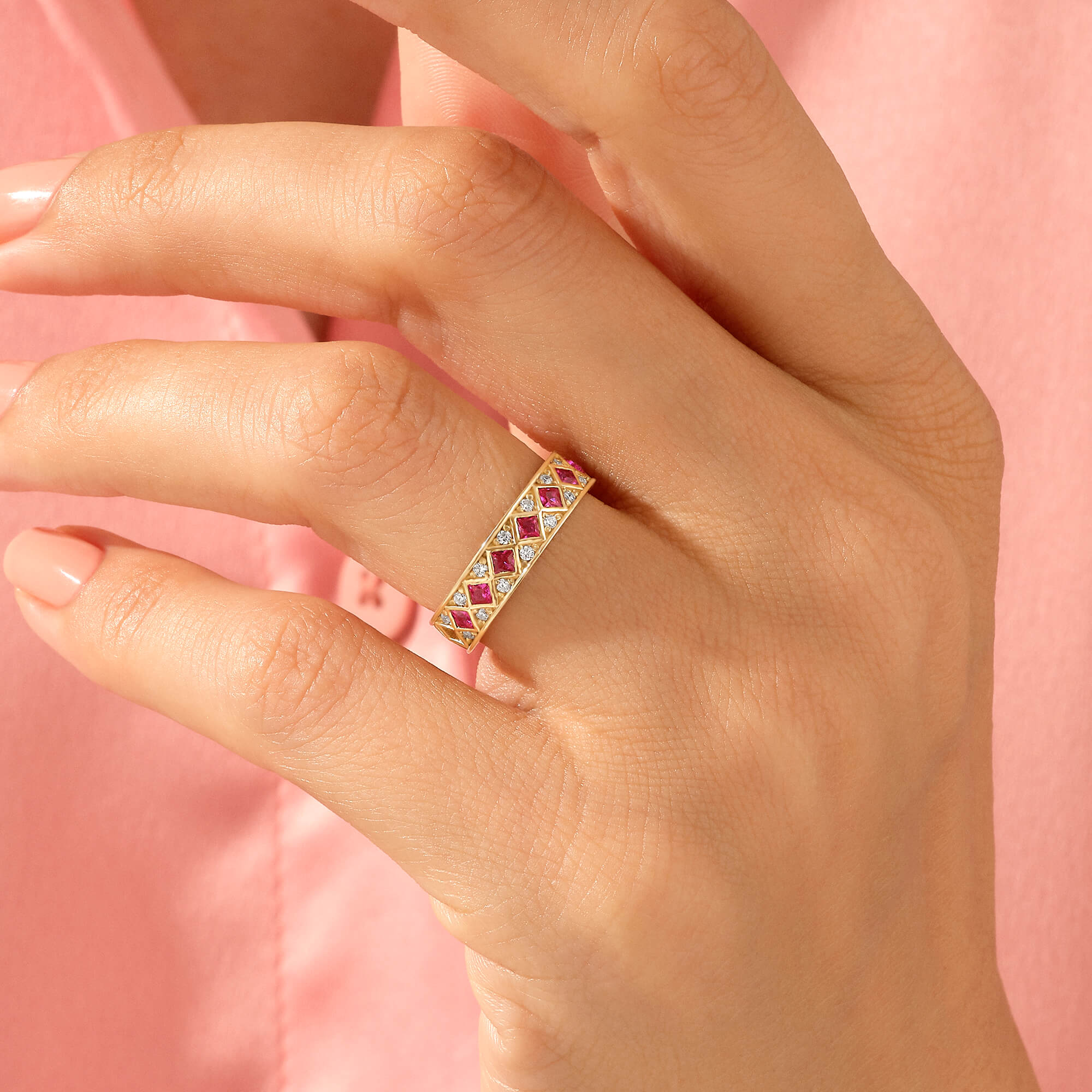 Women's Thick Band Ring with Square Cut Rubies