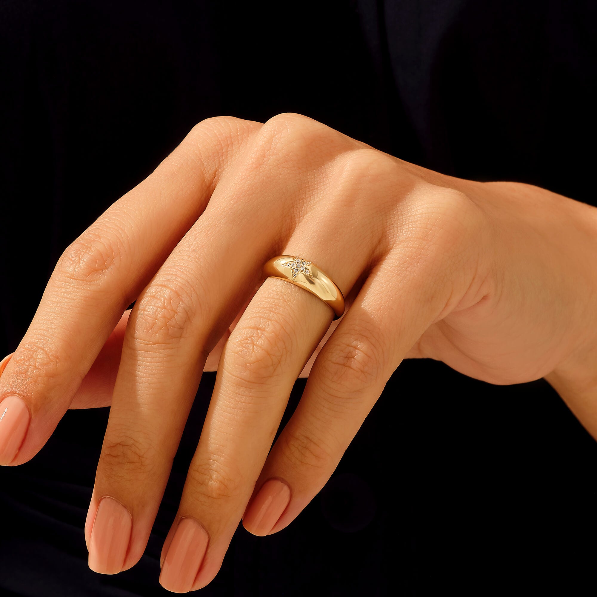 14k Solid Yellow Gold Star Dome Ring for Women