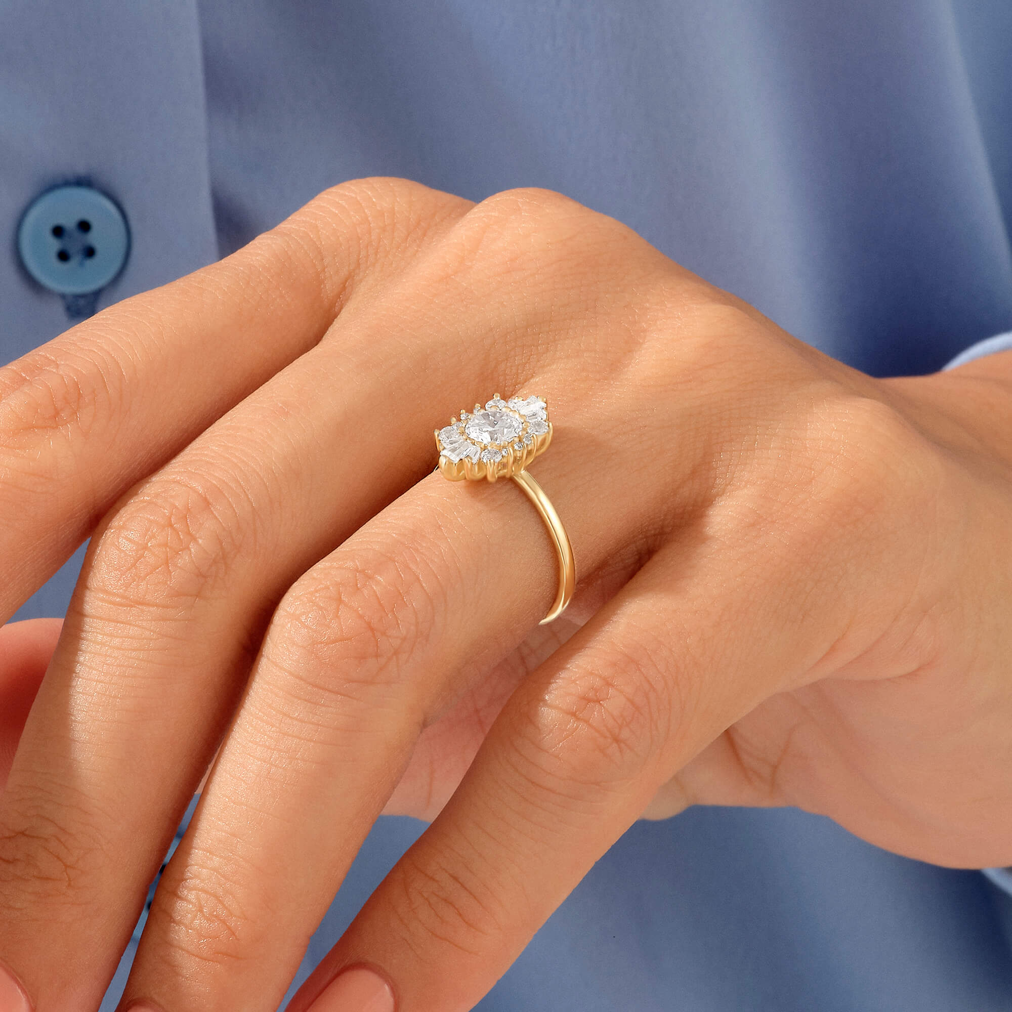 Women's Tapered Baguette Halo Engagement Ring in 14k Solid Gold