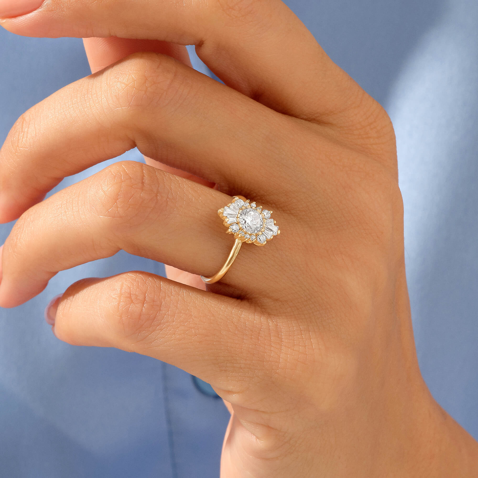 Sunburst Design Tapered Baguette Halo Engagement Ring in 14k Real Gold