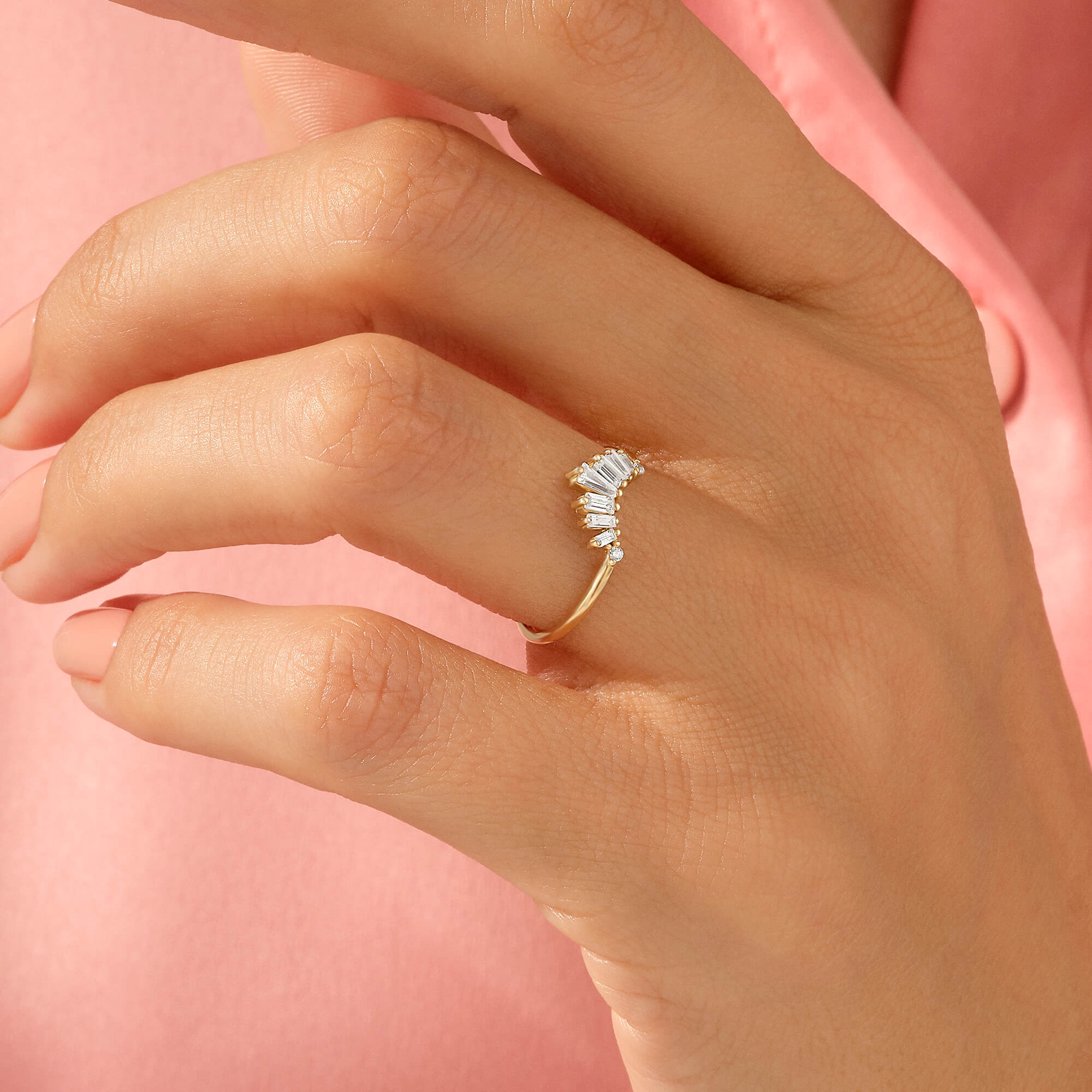 14k Real Gold Sunburst Baguette Curve Stacking Ring