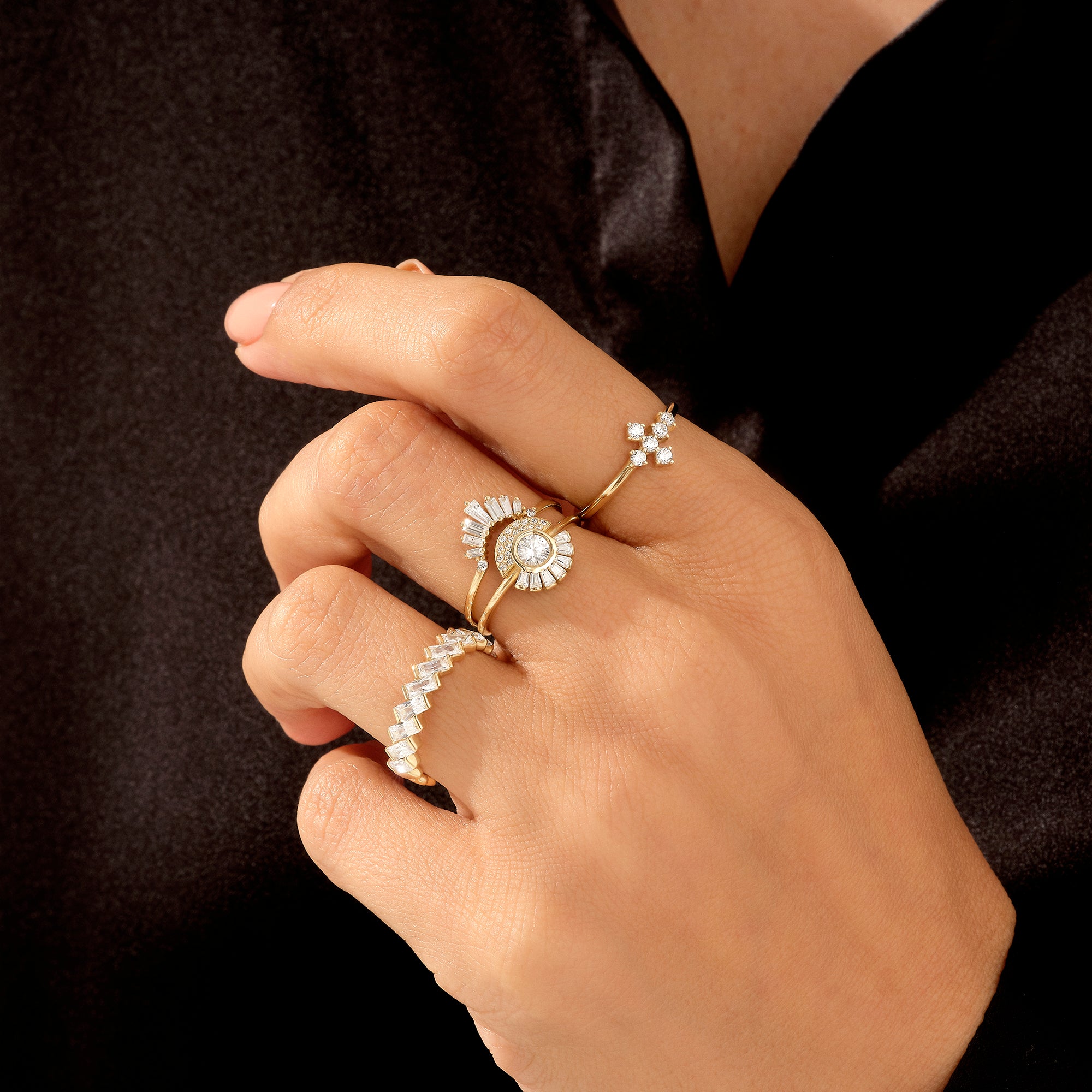 Tapered Baguette Sunshine Curve Ring in 14k Gold