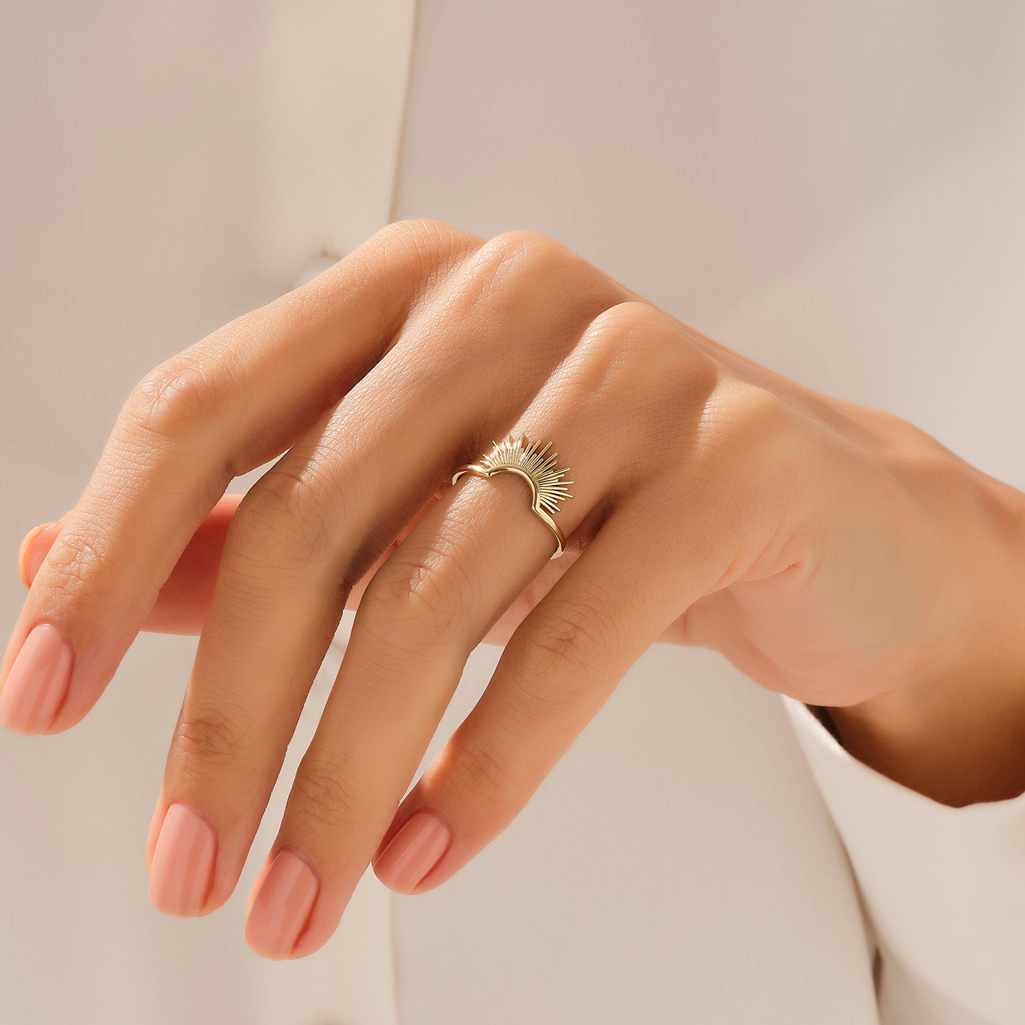 Half Sunshine Design Curve Ring in 14k Real Gold
