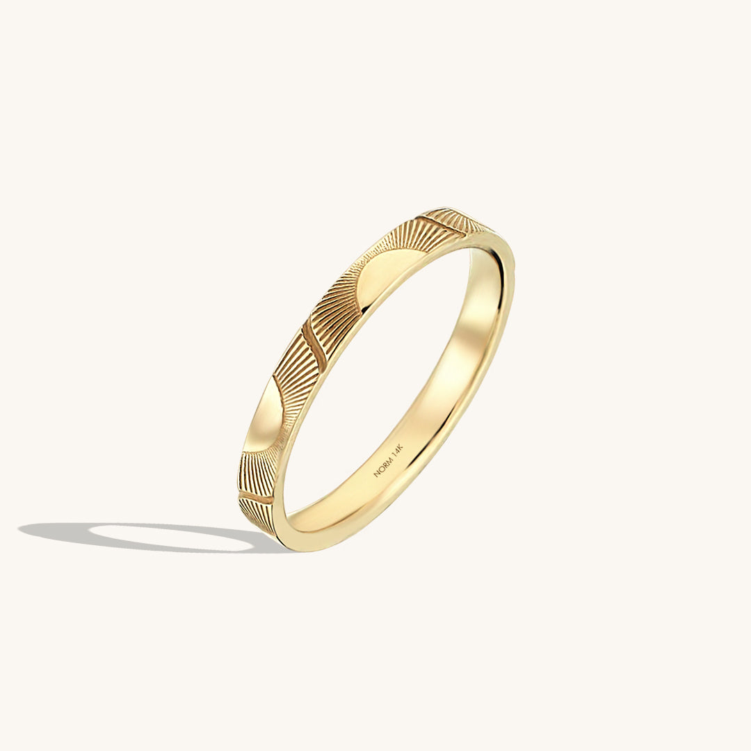 14k Real Yellow Gold Sun Engraved Wedding Band Ring