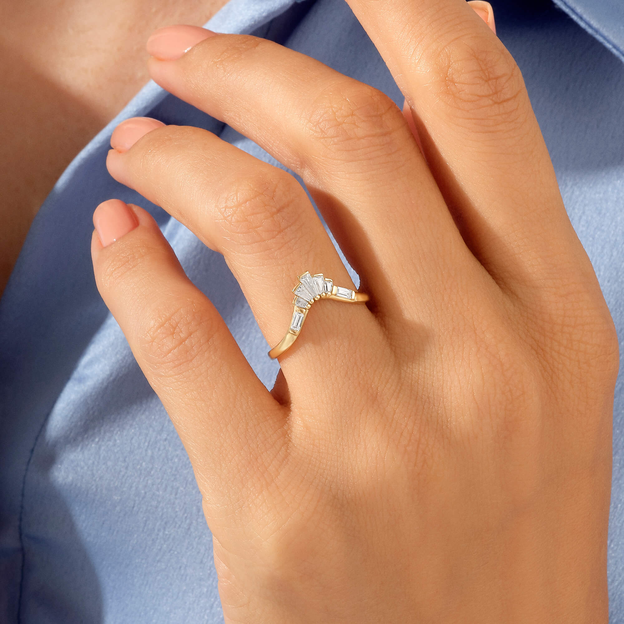 14k Solid Gold Tapered Baguette Curved Wedding Ring