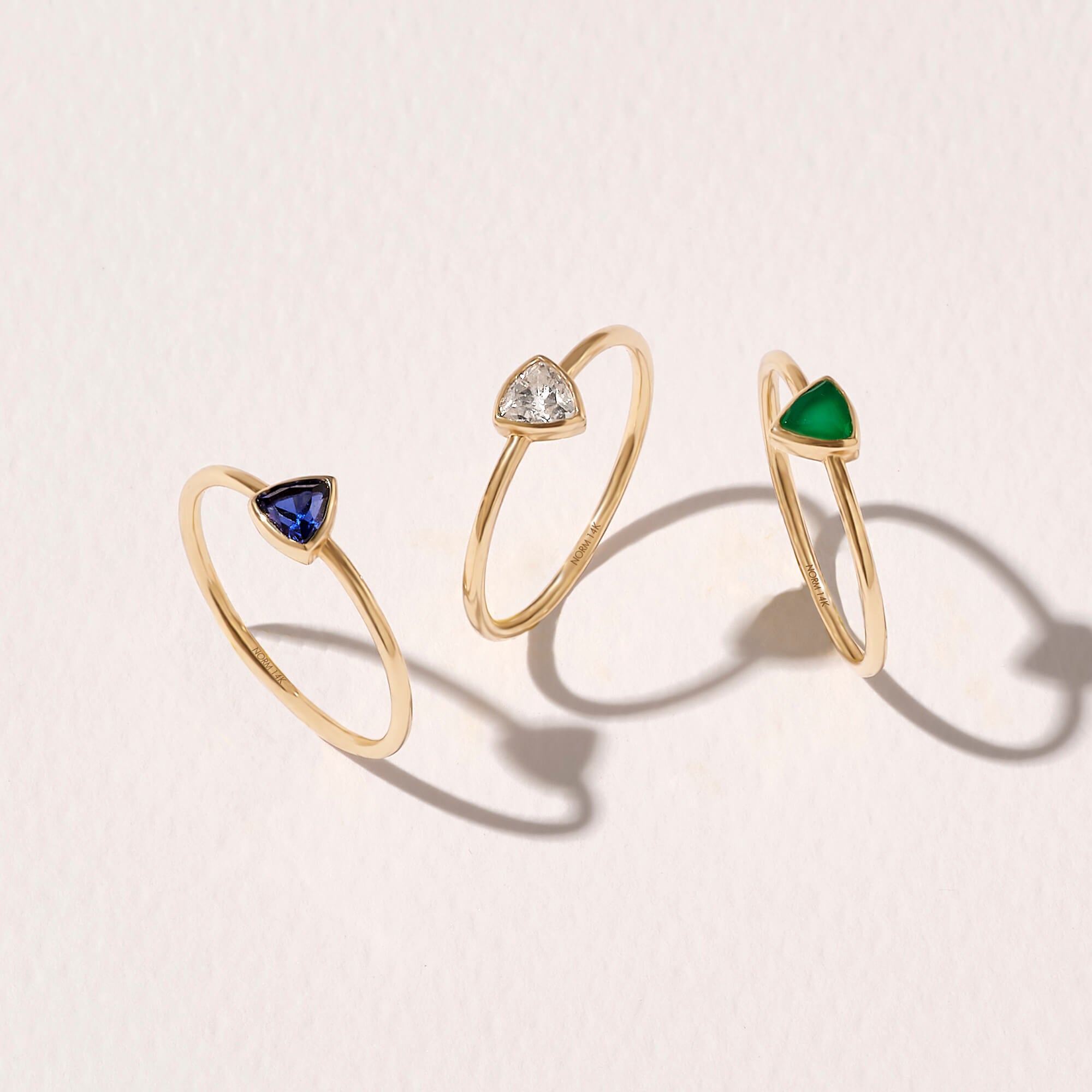 Minimalist Triangle Green Solitaire Stacking Ring in 14k Real Yellow Gold