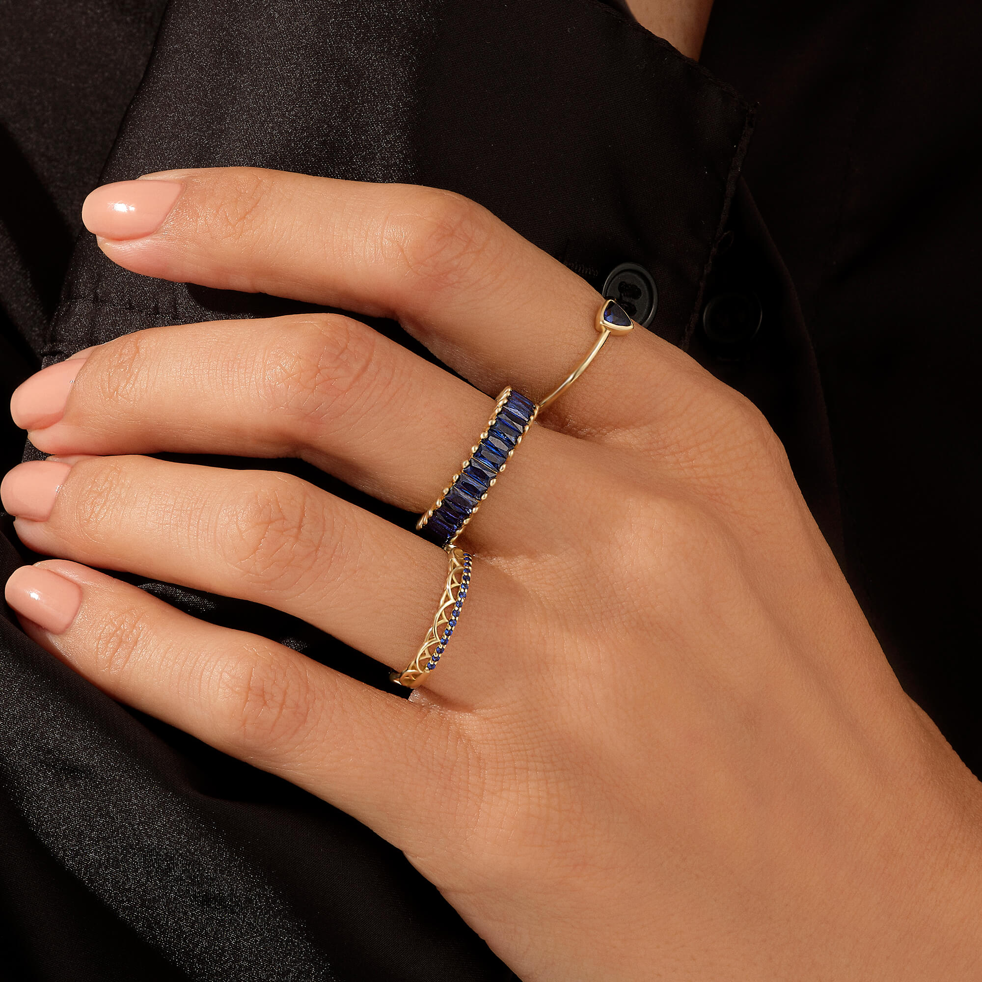 Minimalist Triangle Blue Solitaire Stacking Ring in 14k Real Yellow Gold