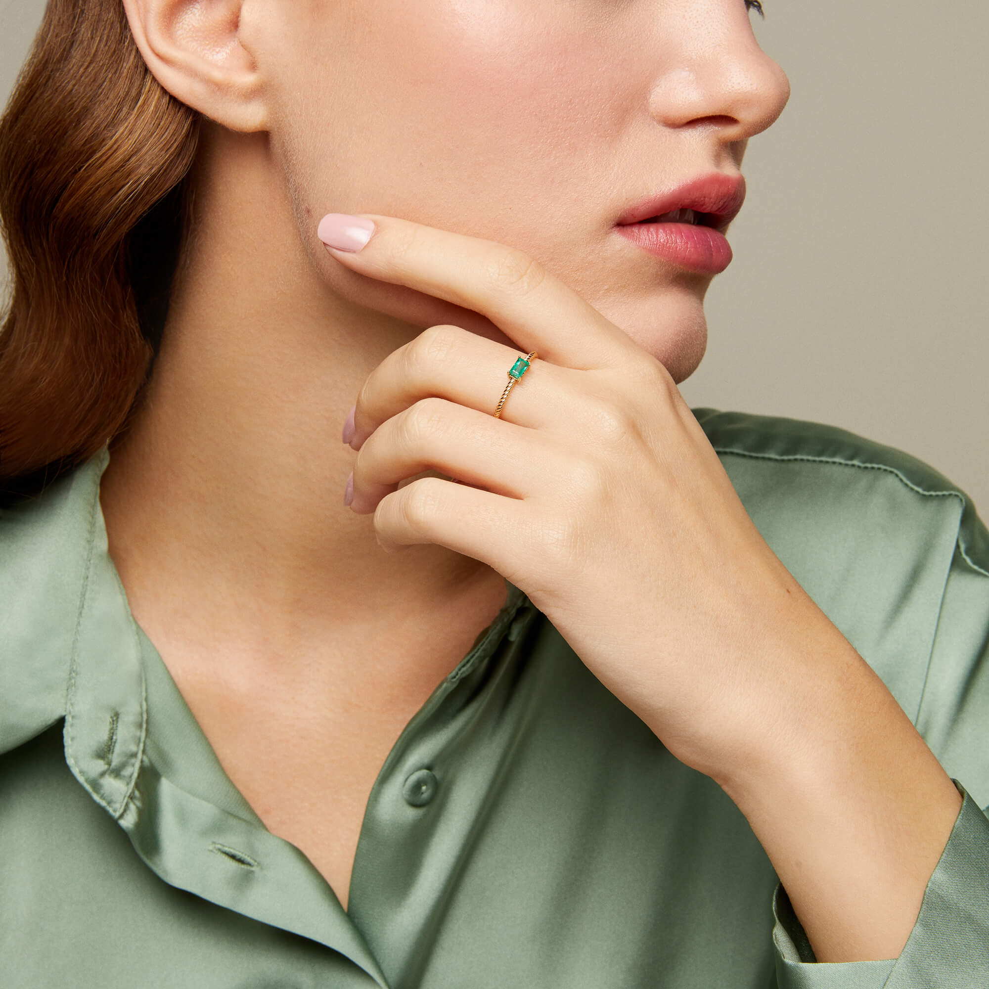 Twined Baguette Cut Emerald Solitaire Ring in 14k Real Gold