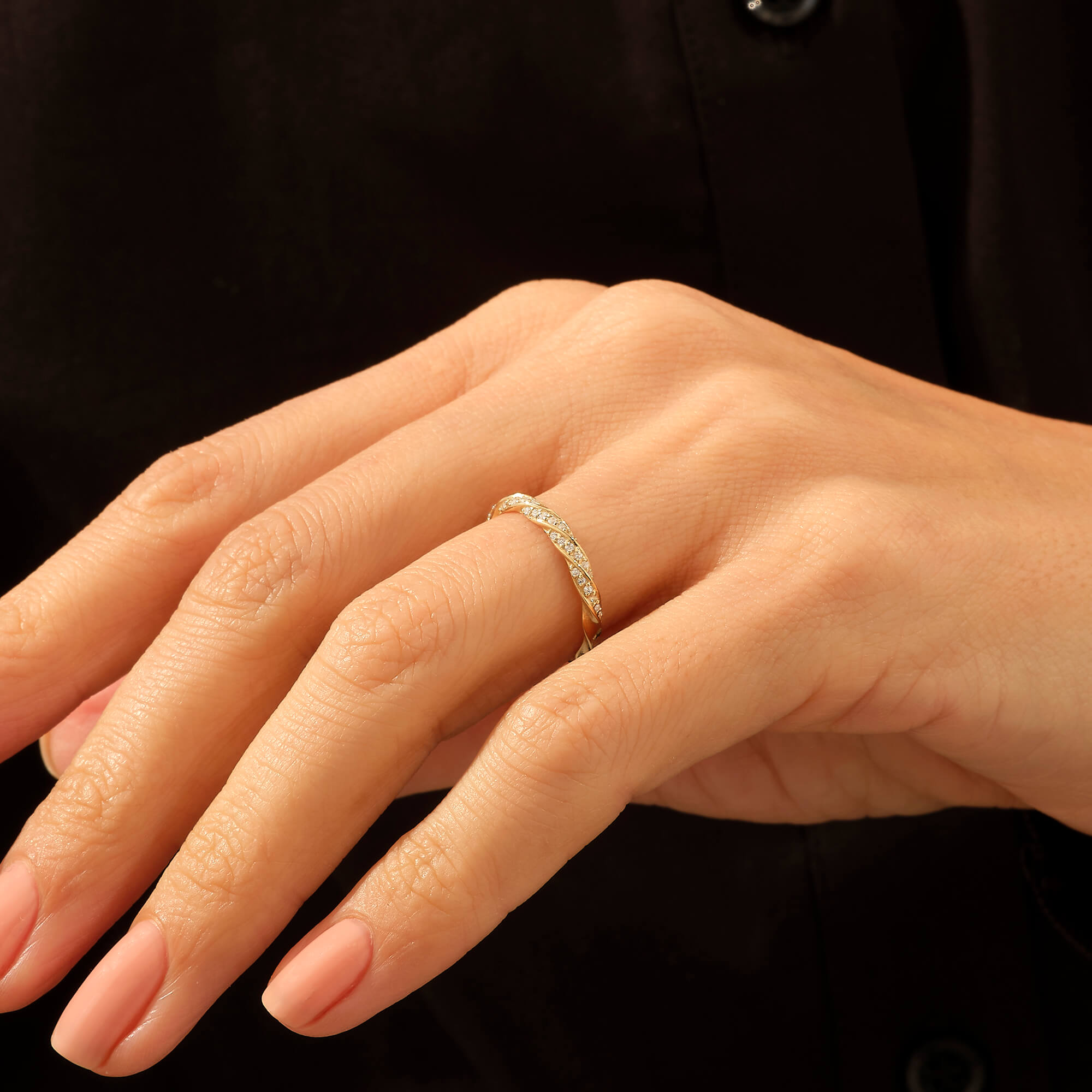 Twisted Half Eternity CZ Paved Band Ring in 14k Real Gold