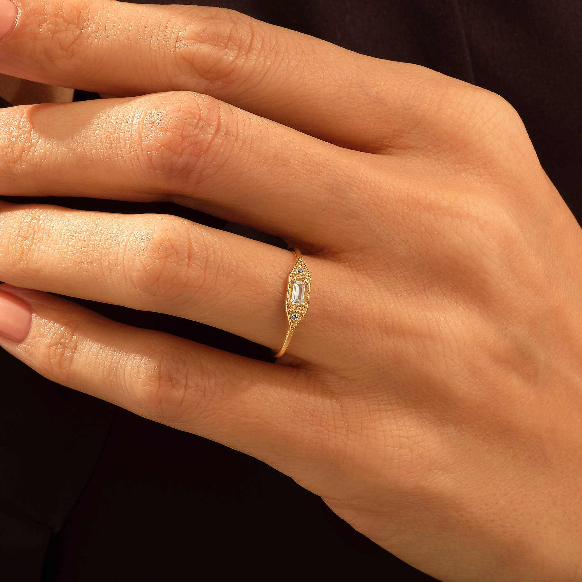 14k Real Yellow Gold Vintage Signet Ring with Baguette Cut CZ