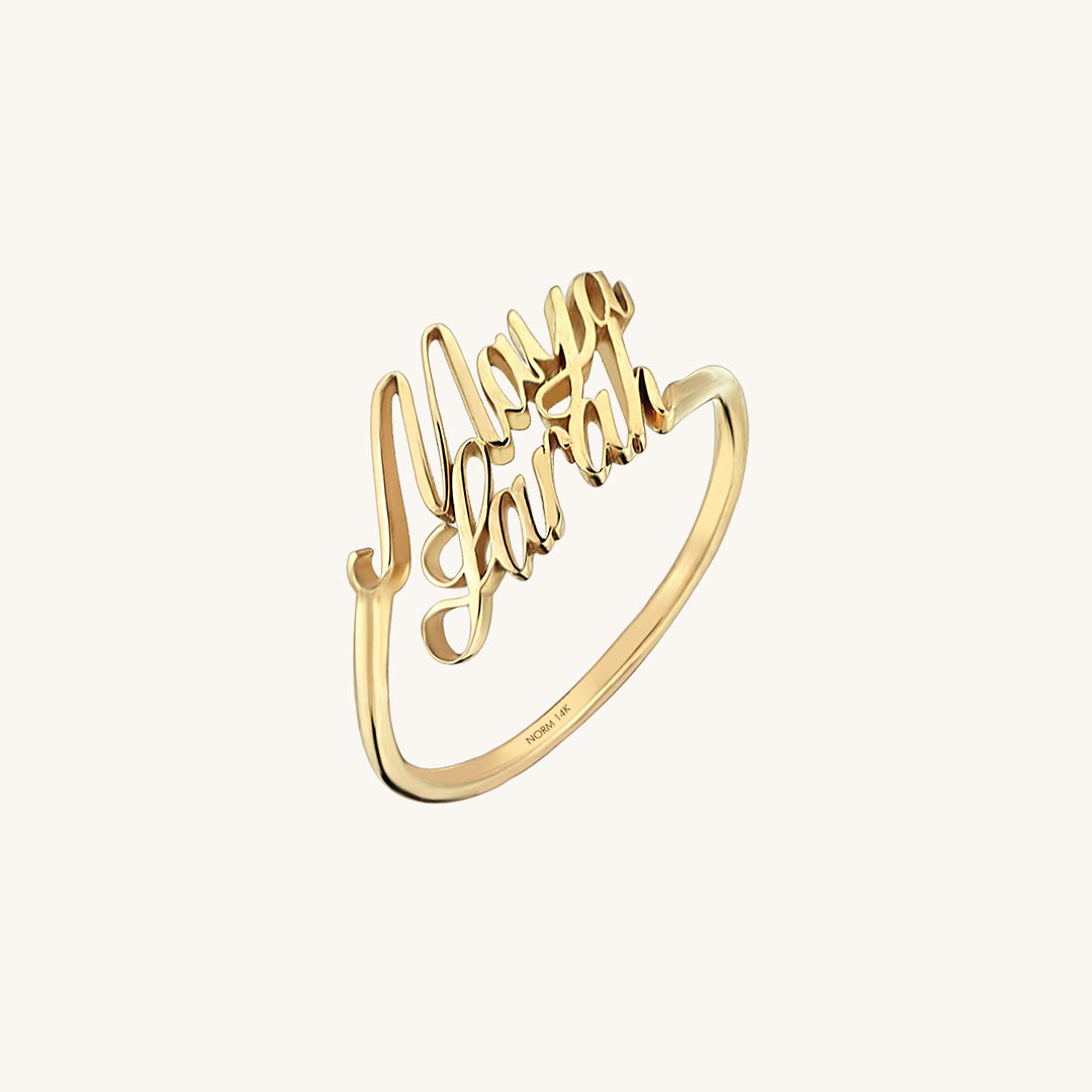 Women's Double Name Statement Ring in 14k Real Yellow Gold