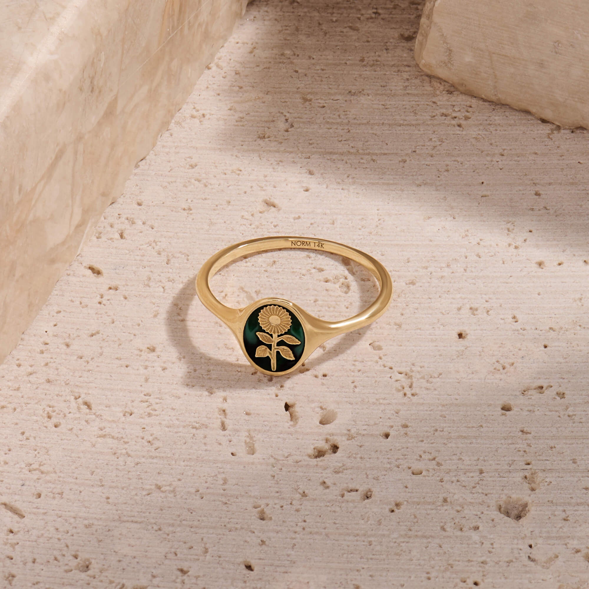 Green Enamel Solid 14K Gold Oval Flower Signet Ring