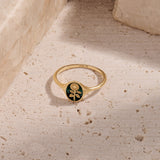 Green Enamel Solid 14K Gold Oval Flower Signet Ring
