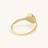 14k Real Gold Flower Carved Oval Signet Ring - Green Enamel