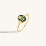 14K Gold Calendula Flower Oval Signet Ring - Green Enamel