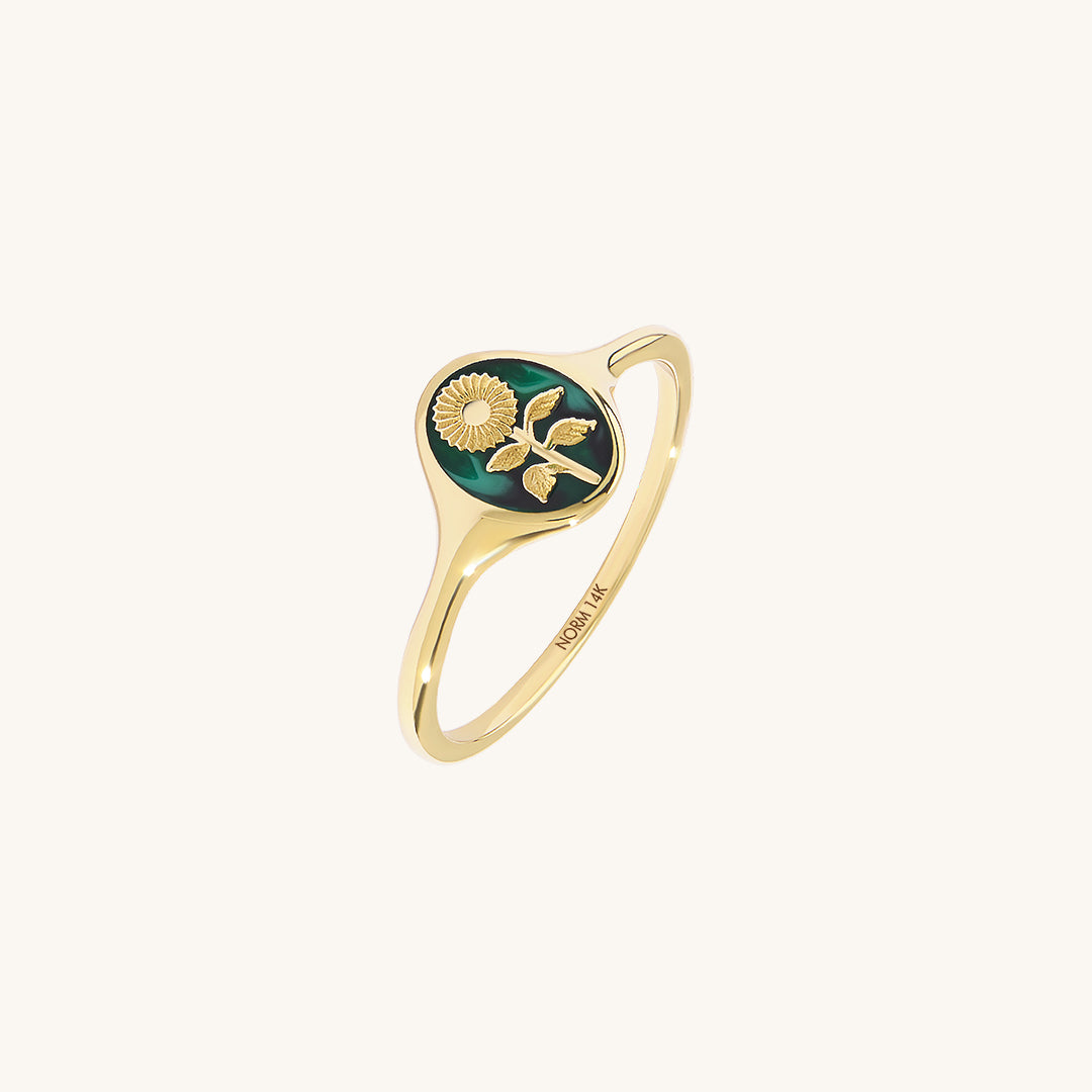 Solid Gold Calendula Flower Oval Signet Ring - Green Enamel