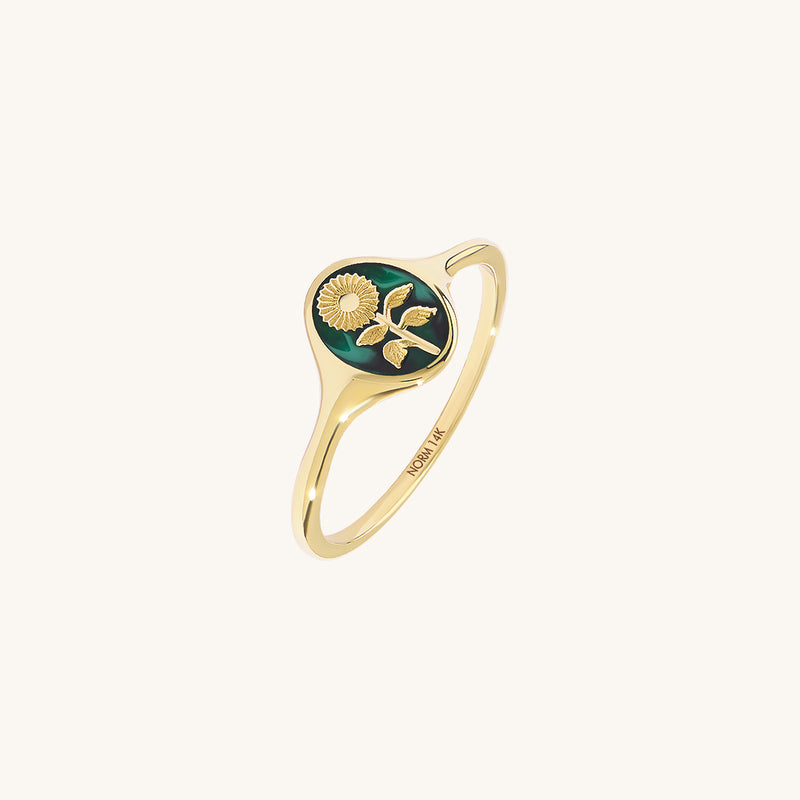 14k Solid Gold Flower Carved Oval Signet Ring - Green Enamel