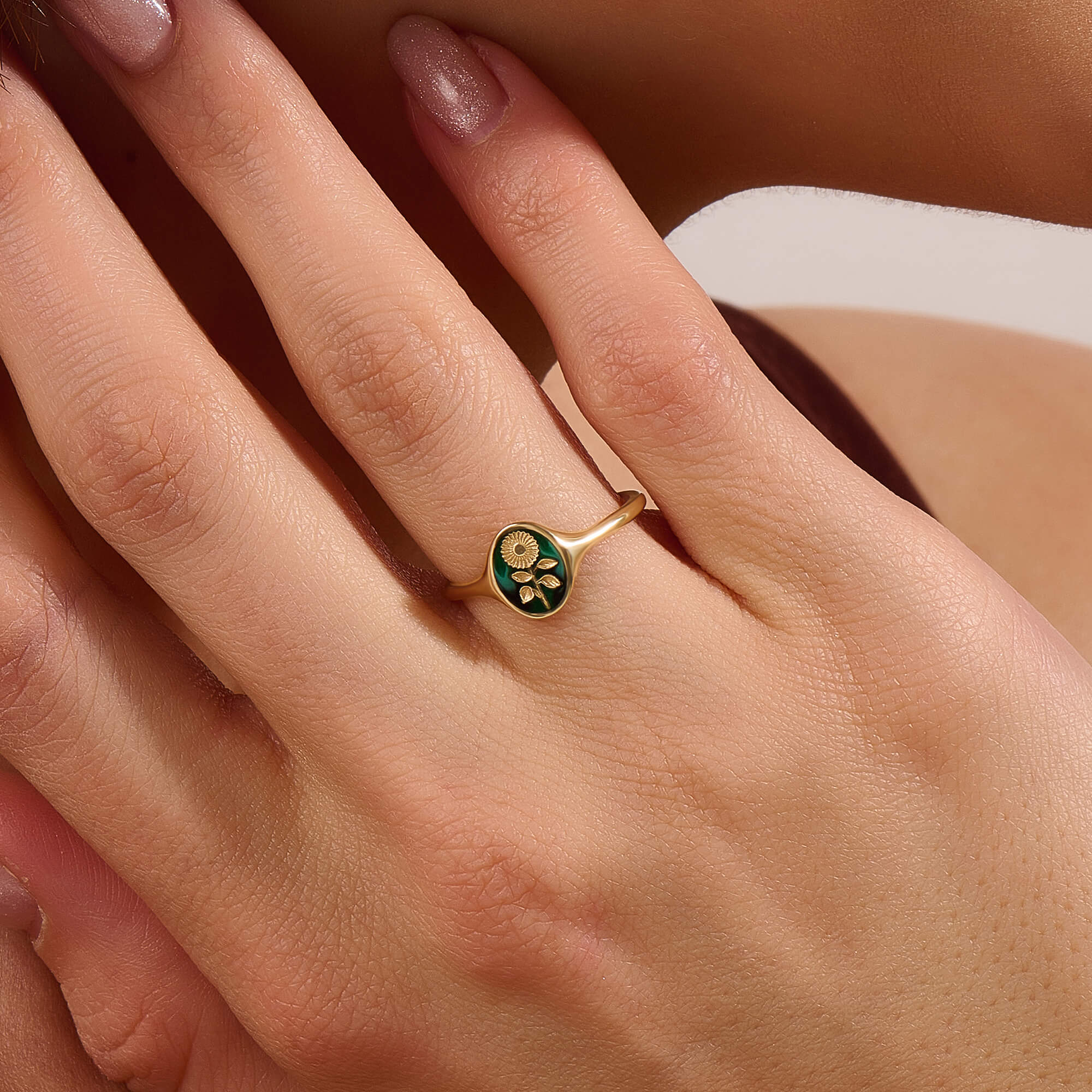 Solid Gold Calendula Flower Oval Signet Ring - Green Enamel