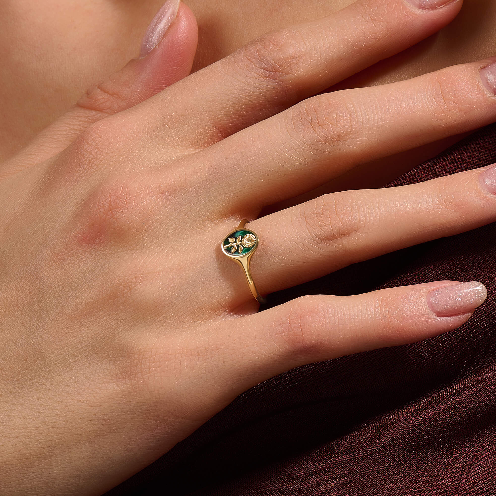 Solid Gold Calendula Flower Oval Signet Ring - Green Enamel