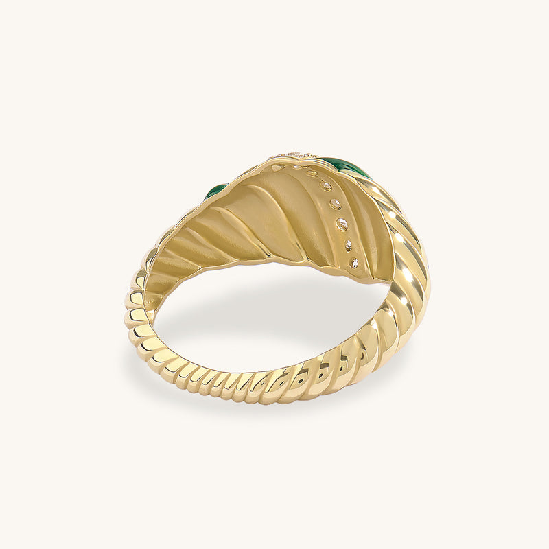 14K Solid Gold French Croissant Ring with Green Enamel