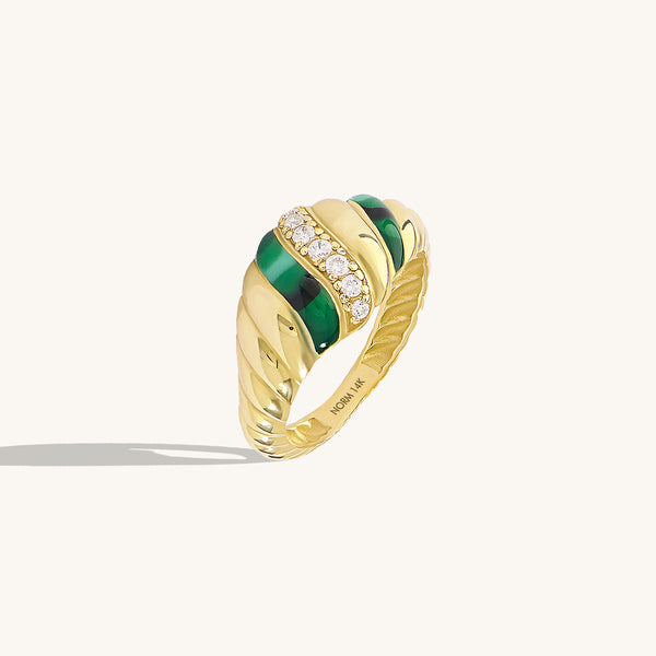 14K Gold Green Enamel and CZ Pave Croissant Statement Ring