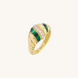 14K Real Gold French Croissant Ring with Green Enamel
