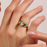 14K Real Gold Green Enamel and CZ Pave Croissant Statement Ring