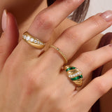14K Solid Gold Green Enamel and CZ Pave Croissant Statement Ring