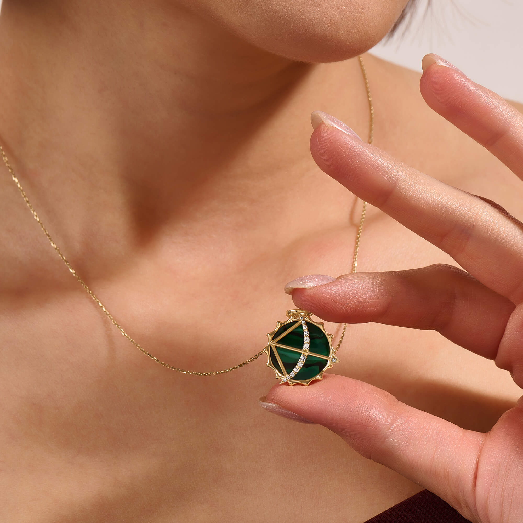 14K Solid Gold Bow & Arrow Coin Necklace - Green Enamel