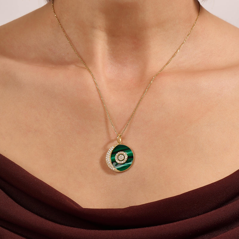 Green Enamel Moon and Orbit Necklace in 14K Solid Gold