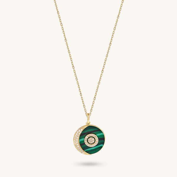 14K Real Gold CZ Pave Moon and Orbit Necklace - Green Enamel