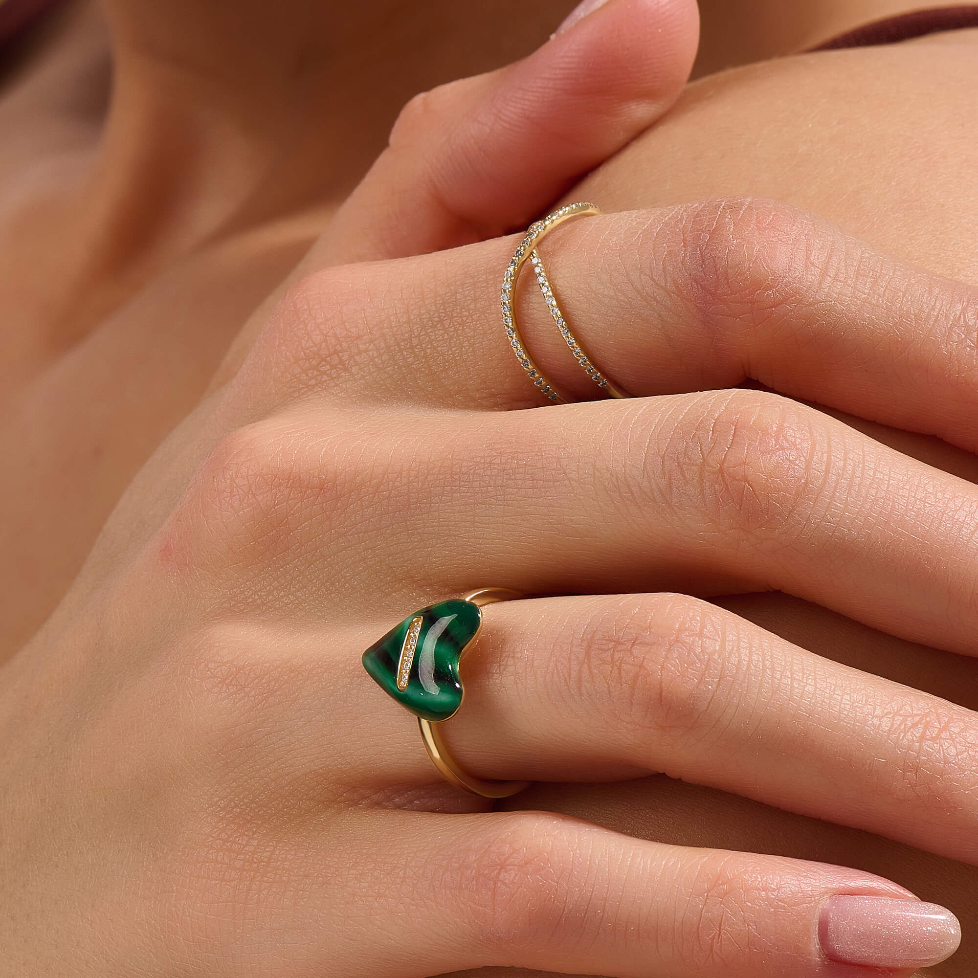 14K Real Yellow Gold Green Enamel Heart Ring