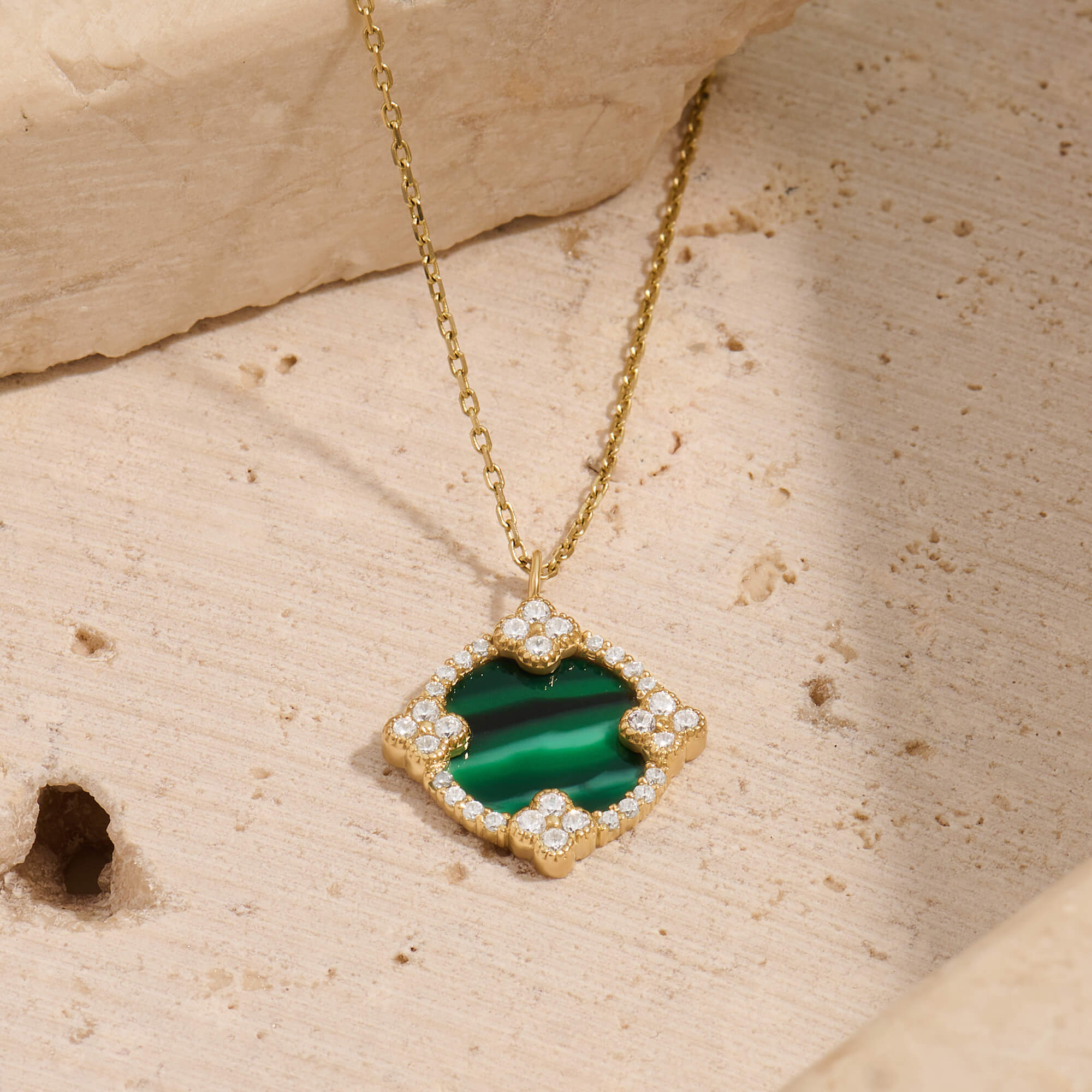 Green Enamel Lucky Shamrock Necklace in Gold