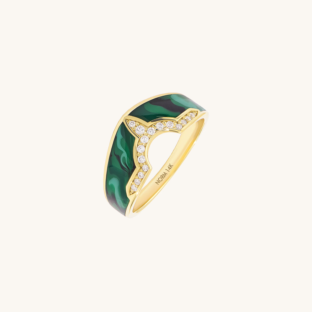 14K Real Gold Bold Tiara Band Ring, Yellow Gold & Green