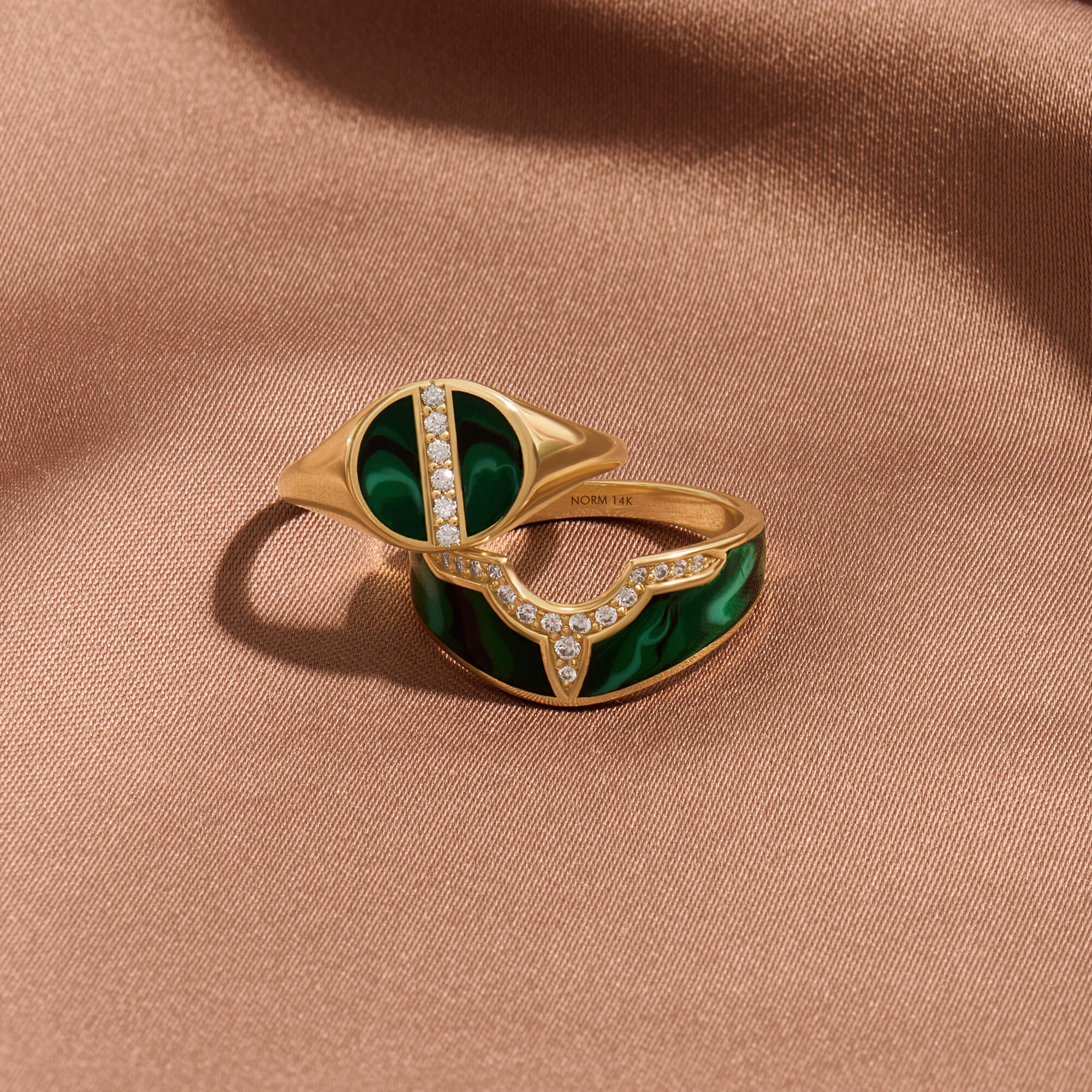 14K Solid Gold Green Enamel Tiara Nesting Statement Band Ring