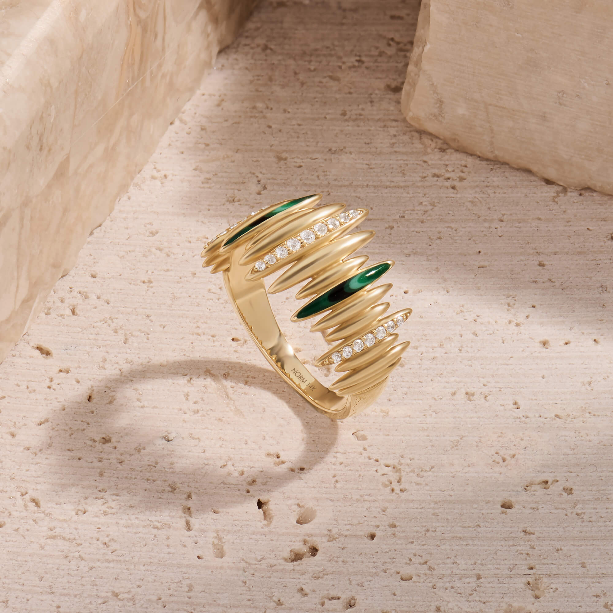 14K Solid Yellow Gold Green Enamel & CZ Diamonds Pave Statement Ring