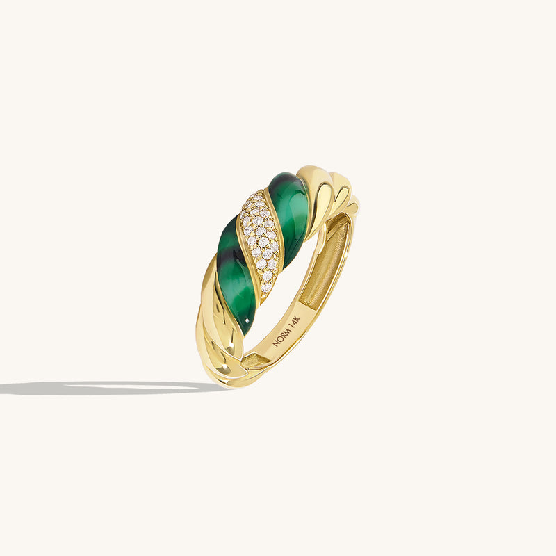 14K Real Gold Green Enamel and Paved Croissant Ring